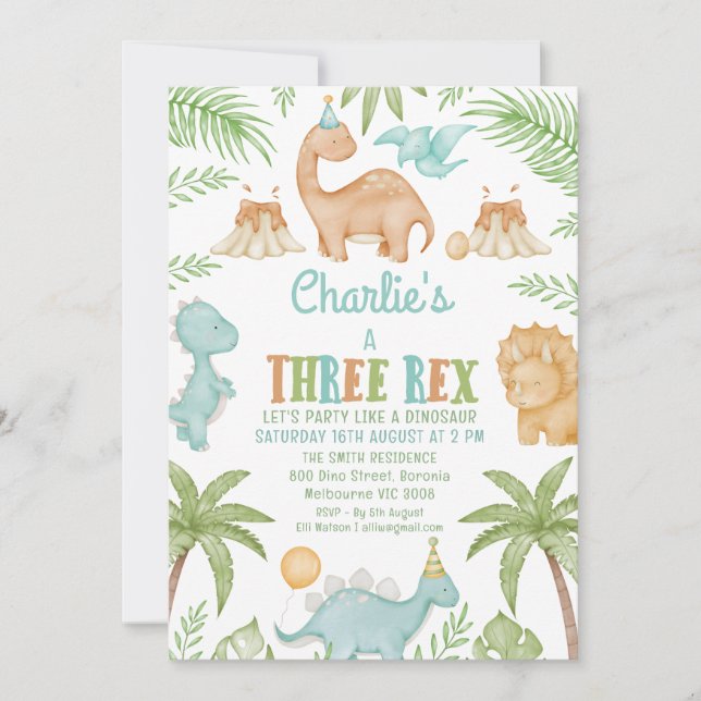 Invitación Blue Cute Tres Rex Dinosaur Tercer Cumpleaños (Anverso)