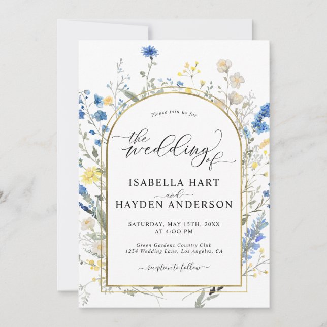 Invitación Blue Dainty Floral Gold All In 1 QR Code Boda (Anverso)
