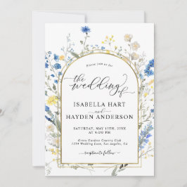 Invitación Blue Dainty Floral Gold All In 1 QR Code Boda