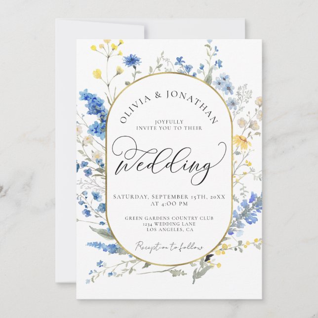 Invitación Blue Dainty Gold All en 1 Boda de código QR presup (Anverso)