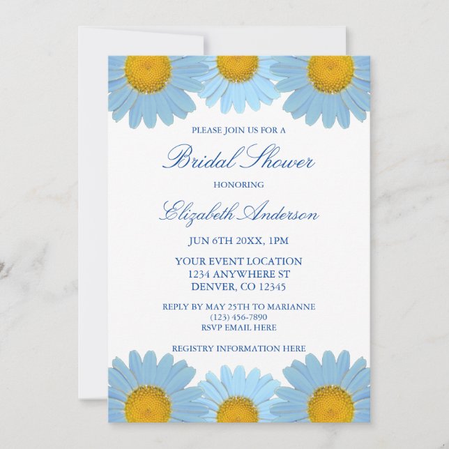Invitación Blue Daisies Floral Bridal Shower (Anverso)