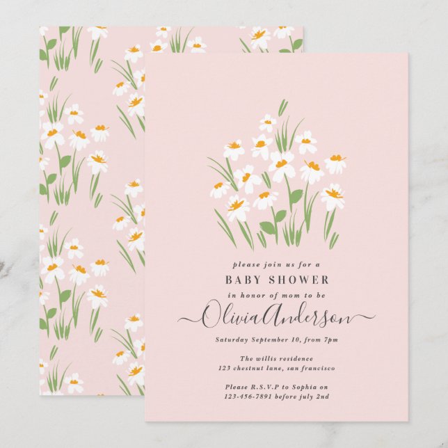 Invitación Blue daisy floral elegante hermosa ducha bebé (Anverso / Reverso)