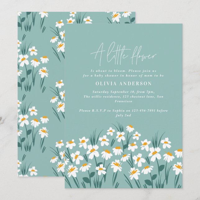 Invitación Blue daisy floral elegante hermosa ducha bebé (Anverso / Reverso)