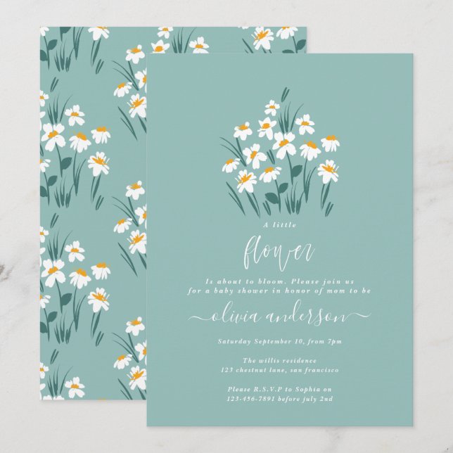 Invitación Blue daisy floral elegante hermosa ducha de bebé e (Anverso / Reverso)