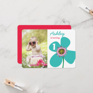 Invitación Blue Daisy Pop Flower Cute Chica foto primer cumpl