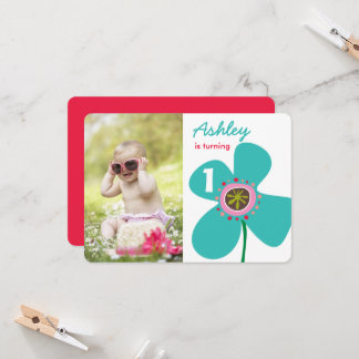 Invitación Blue Daisy Pop Flower Cute Chica foto primer cumpl