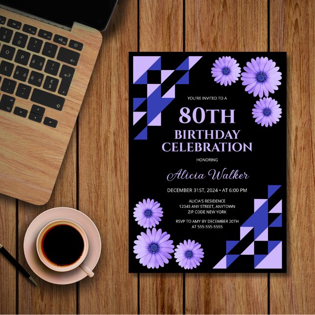 Invitación Blue Daisy Triangle Geometric Black Birday (Subido por el creador)