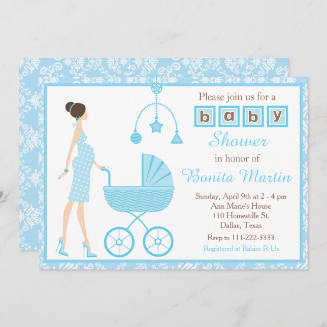 Invitación Blue Damask Brunette Expectation Boy Baby Shower (Anverso / Reverso)