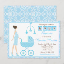 Blue Damask Brunette Expectation Boy Baby Shower