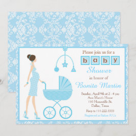 Invitación Blue Damask Brunette Expectation Boy Baby Shower