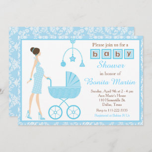 Invitación Blue Damask Brunette Expectation Boy Baby Shower