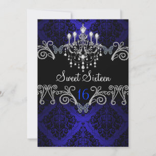 Invitación Blue Damask & Butterfly Sweet Sixteen