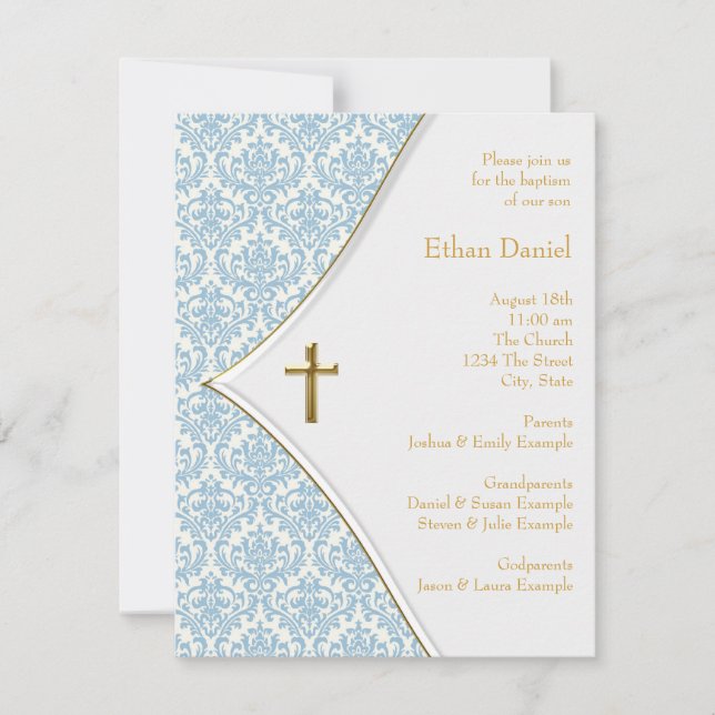 Invitación Blue Damask Cross Boy Baptism Christening (Anverso)