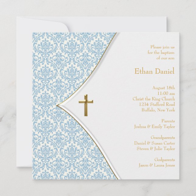 Invitación Blue Damask Cross Boy Christening (Anverso)