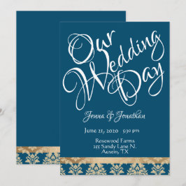 Invitación Blue Damask Gold Script Elegant Our Wedding Day