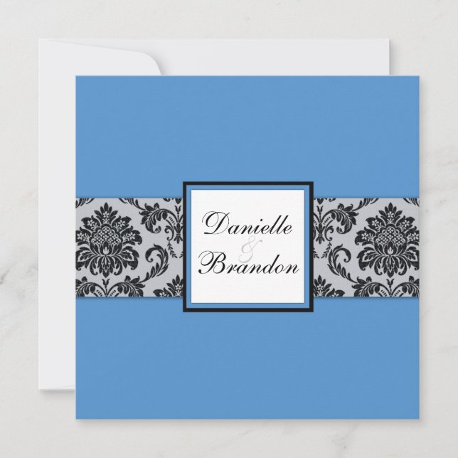 Invitación Blue Damask Monogram Wedding Invitation (Anverso)