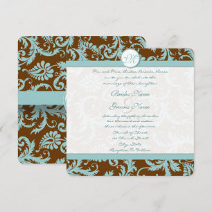 Invitación Blue Damask on Brown Wedding Invitation