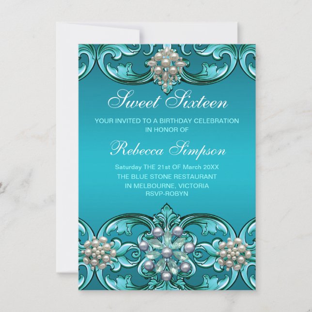 Invitación Blue Damask & Pearl Sweet 16 cumpleaños Invite (Anverso)