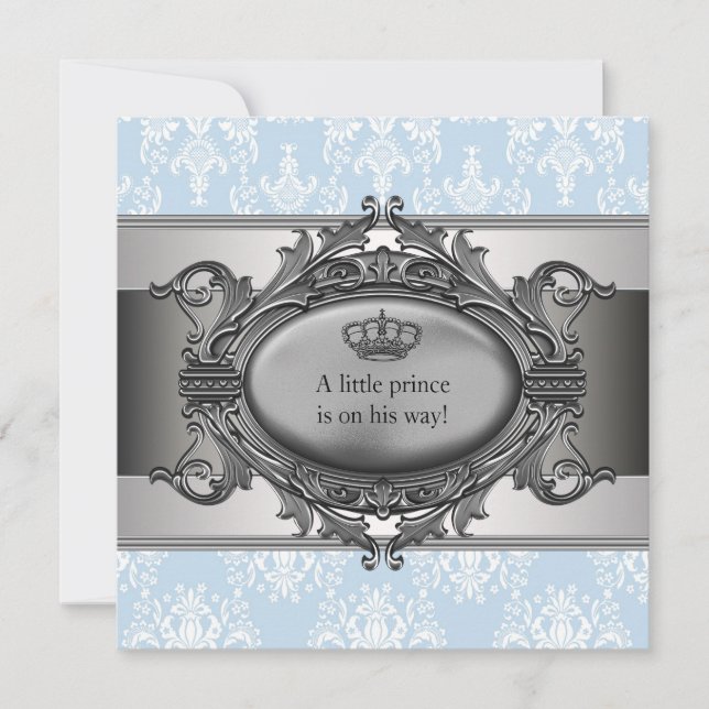 Invitación Blue Damask Prince Baby Shower (Anverso)