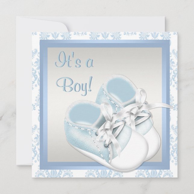 Invitación Blue Damask Shoes Blue Damask Baby Boy Shower (Anverso)
