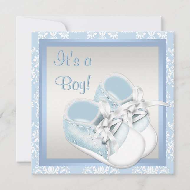 Invitación Blue Damask Shoes Blue Damask Baby Boy Shower (Anverso)