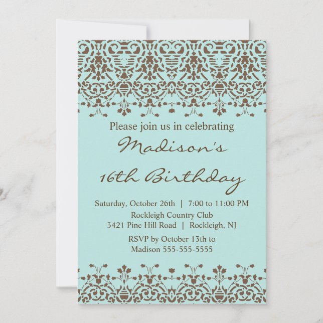 Invitación Blue Damask Sweet 16 cumpleaños (Anverso)