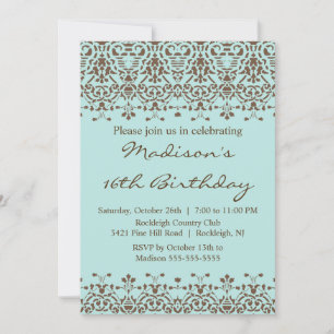 Invitación Blue Damask Sweet 16 cumpleaños