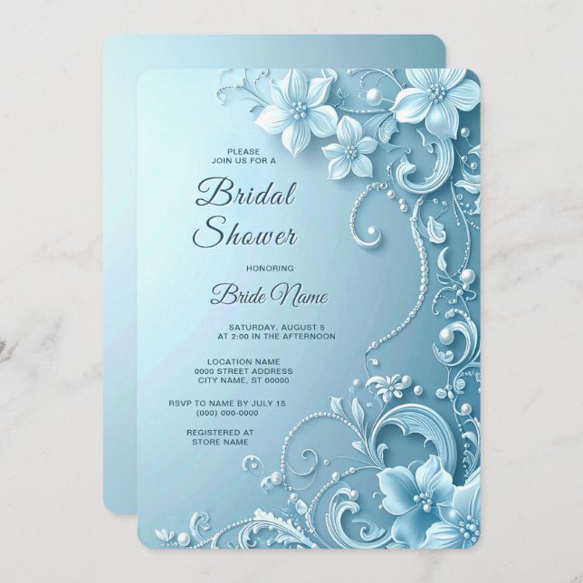Invitación Blue Decorative Floral Bridal Shower (Anverso / Reverso)
