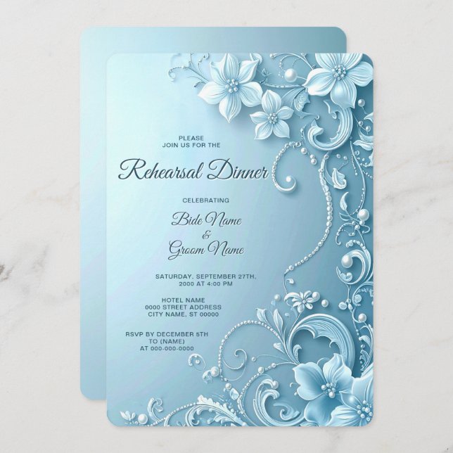 Invitación Blue Decorative Floral Rehearsal Dinner (Anverso / Reverso)