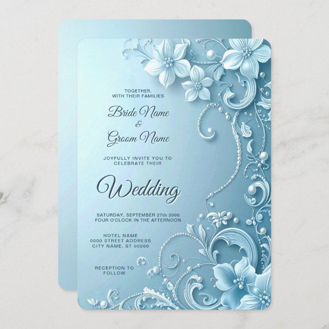 Invitación Blue Decorative Floral Wedding Invitation (Anverso / Reverso)