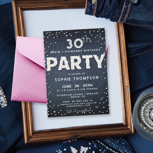 Invitación Blue Denim Diamonds Purpurina Cualquier fiesta de  (Denim and Diamonds 30th Birthday Party Invitation for Women Classy Rhinestones Dropes Bling Party)