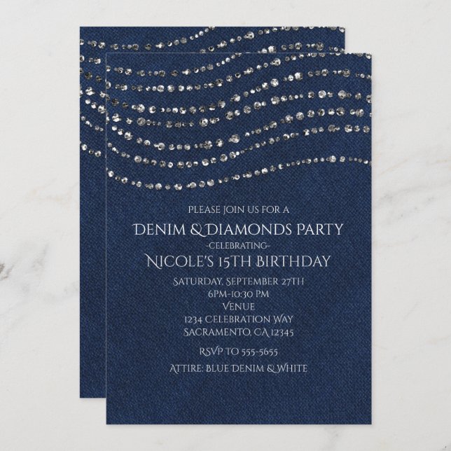 Invitación Blue Denim & Diamonds Sparkle Bling Fiesta de cump (Anverso / Reverso)