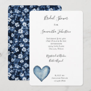 Invitación Blue Denim Heart Floral Bridal Shower