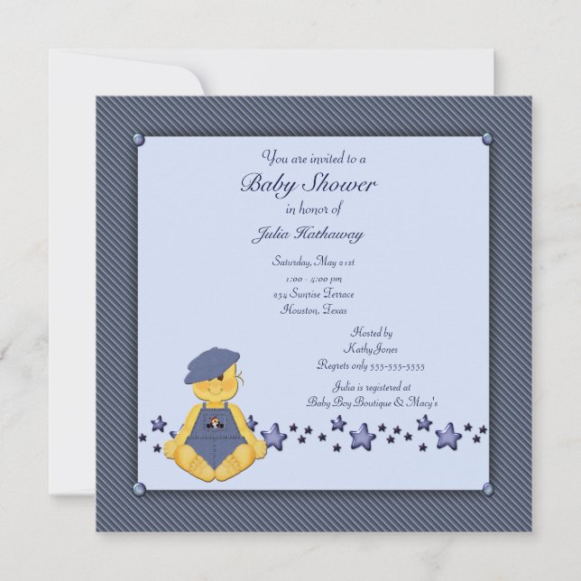 Invitación Blue Denim Stars Baby Boy Shower (Anverso)