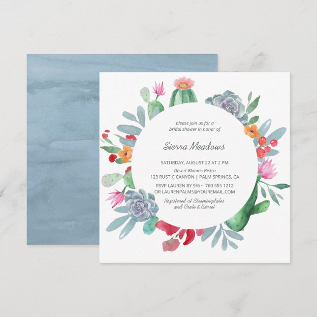 Invitación Blue Desert Cactus Flor Wreath Bridal Shower (Anverso / Reverso)