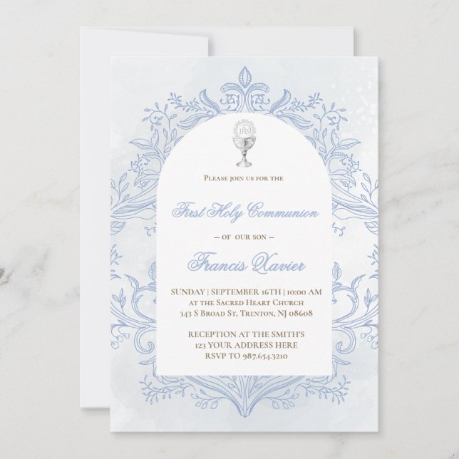 Invitación  blue design First Holy Communion (Anverso)