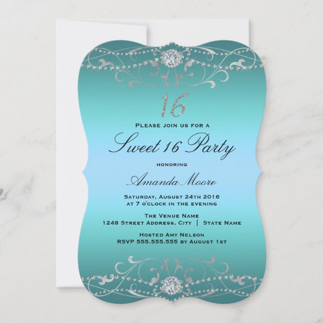Invitación Blue Diamond Damask Sweet 16 (Anverso)