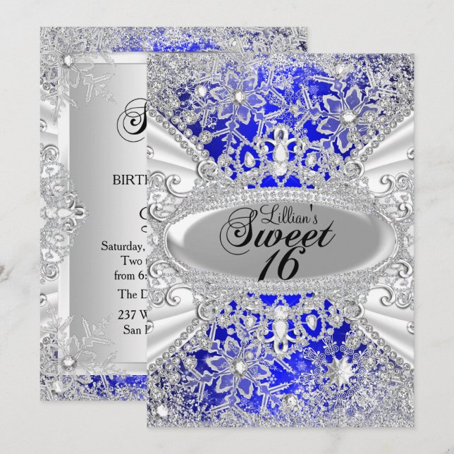 Invitación Blue Diamond Snowflake Winter Wonderland Sweet 16 (Anverso / Reverso)