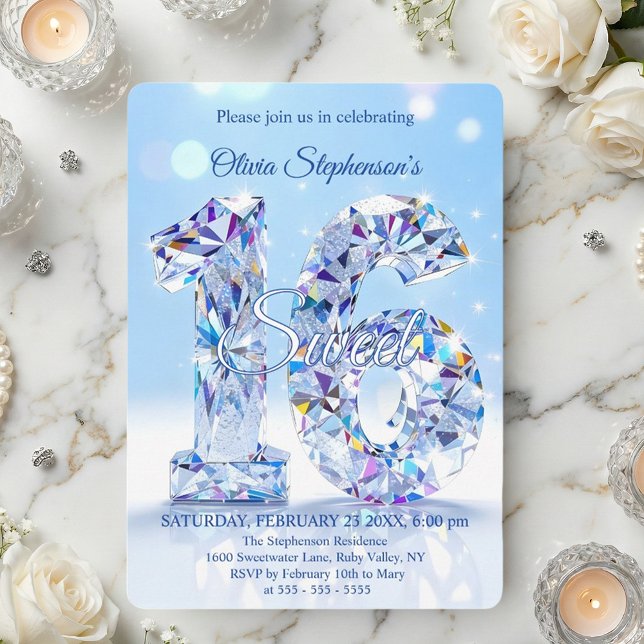 Invitación Blue Diamond Sparkle Glamorous Sweet 16 Birthday (Subido por el creador)