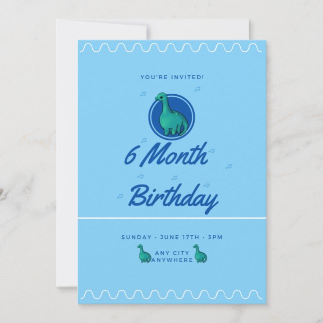 Invitación Blue Dinosaur 6 Month Birthday (Anverso)