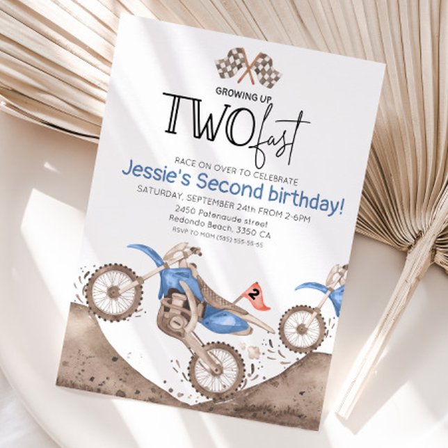Invitación Blue Dirt Bike 2nd birthday - Growing up two fast (Blue dirt bike birthday invitation, growing up two fast)