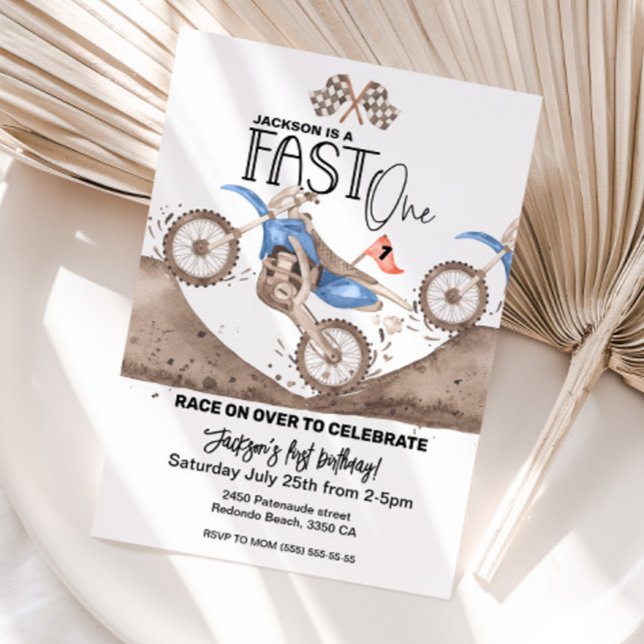 Invitación Blue Dirt Bike Primer cumpleaños Fast ONE (Blue dirt bike birthday invitation, 1st birthday FAST ONE)
