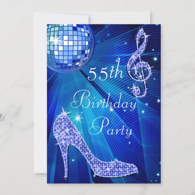 Invitación Blue Disco Ball and Heels 55th Birthday (Anverso)