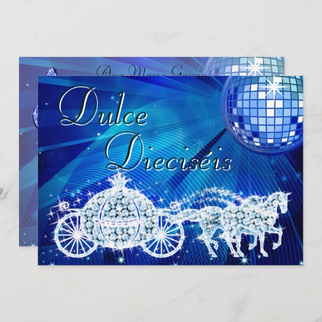 Invitación Blue Disco Ball, Princess Coach & Horses Sweet 16 (Anverso / Reverso)