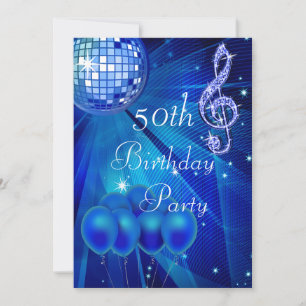 Invitación Blue Disco Ball y globos 50 cumpleaños