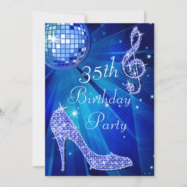 Invitación Blue Disco Ball y Heels 35 cumpleaños (Anverso)