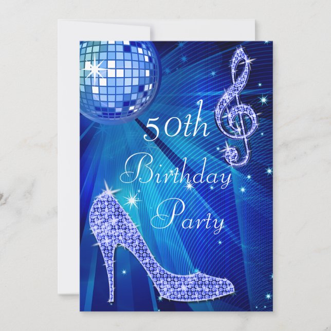 Invitación Blue Disco Ball y Heels 50 cumpleaños (Anverso)