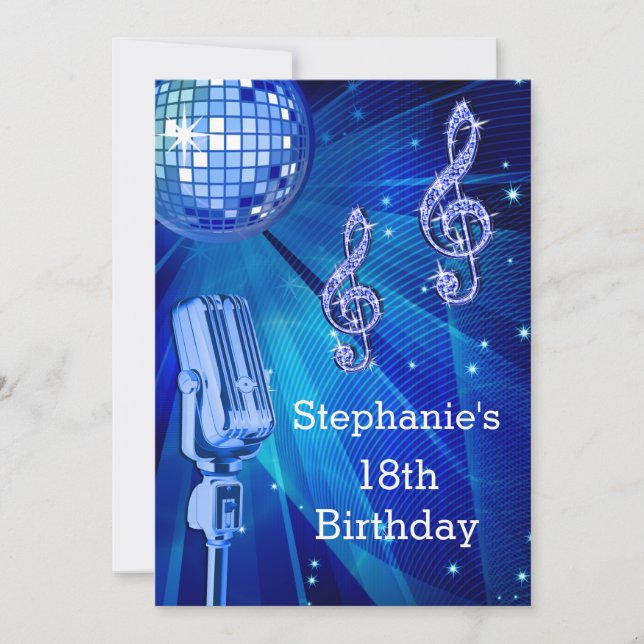 Invitación Blue Disco Ball y Micrófono Retro 18 cumpleaños (Anverso)