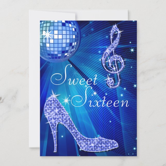 Invitación Blue Disco Ball y Sparkle Heels Sweet 16 (Anverso)