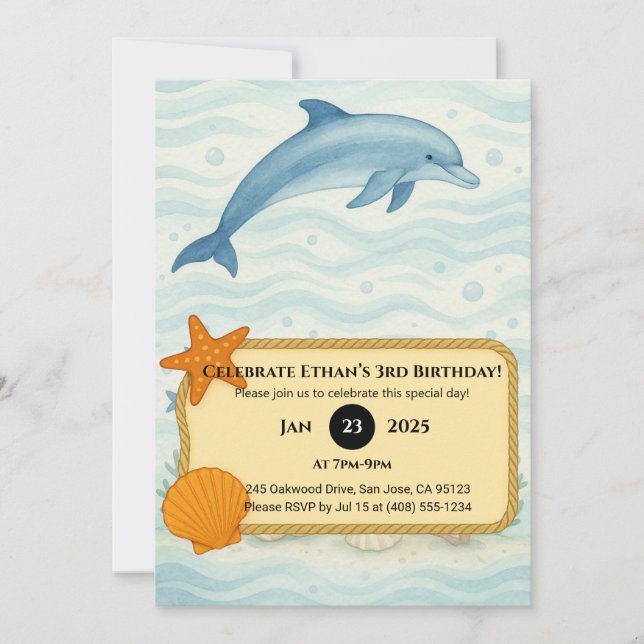 Invitación Blue Dolphin & Ocean Floor Back Design Cumpleaños (Anverso)